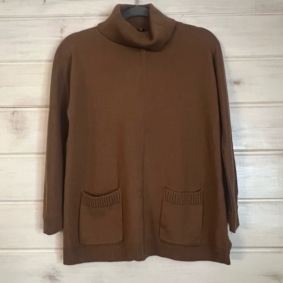 Talbots PURE MERINO WOOL Brown Turtleneck Tunic Sweater Size Medium Petite - Picture 7 of 7